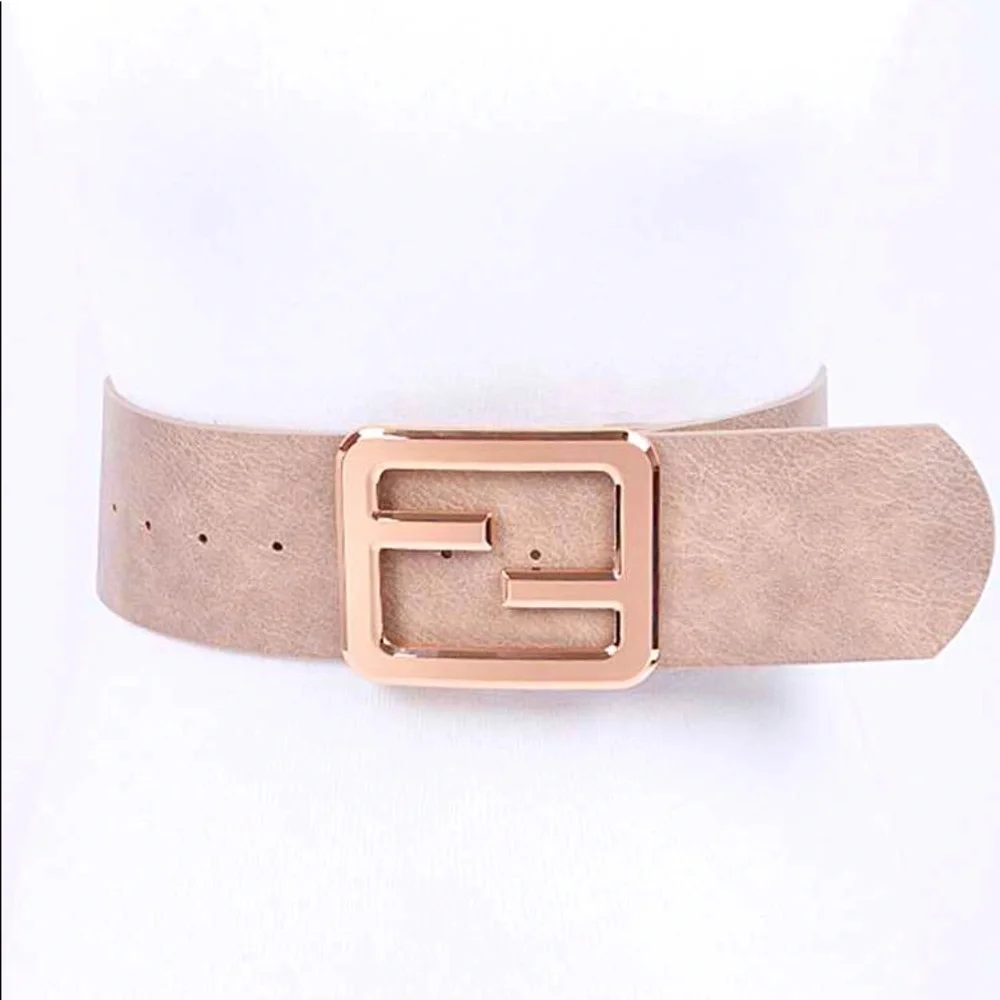 Plus Size Nude Leather Gold Buckle Waist Statement Belt